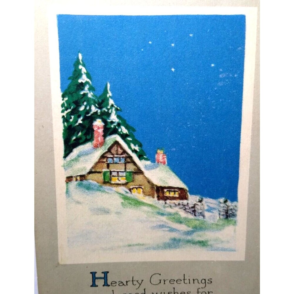 New Years Postcard Blue Skies Cottage Snow Trees Gibson Unused Vintage Original